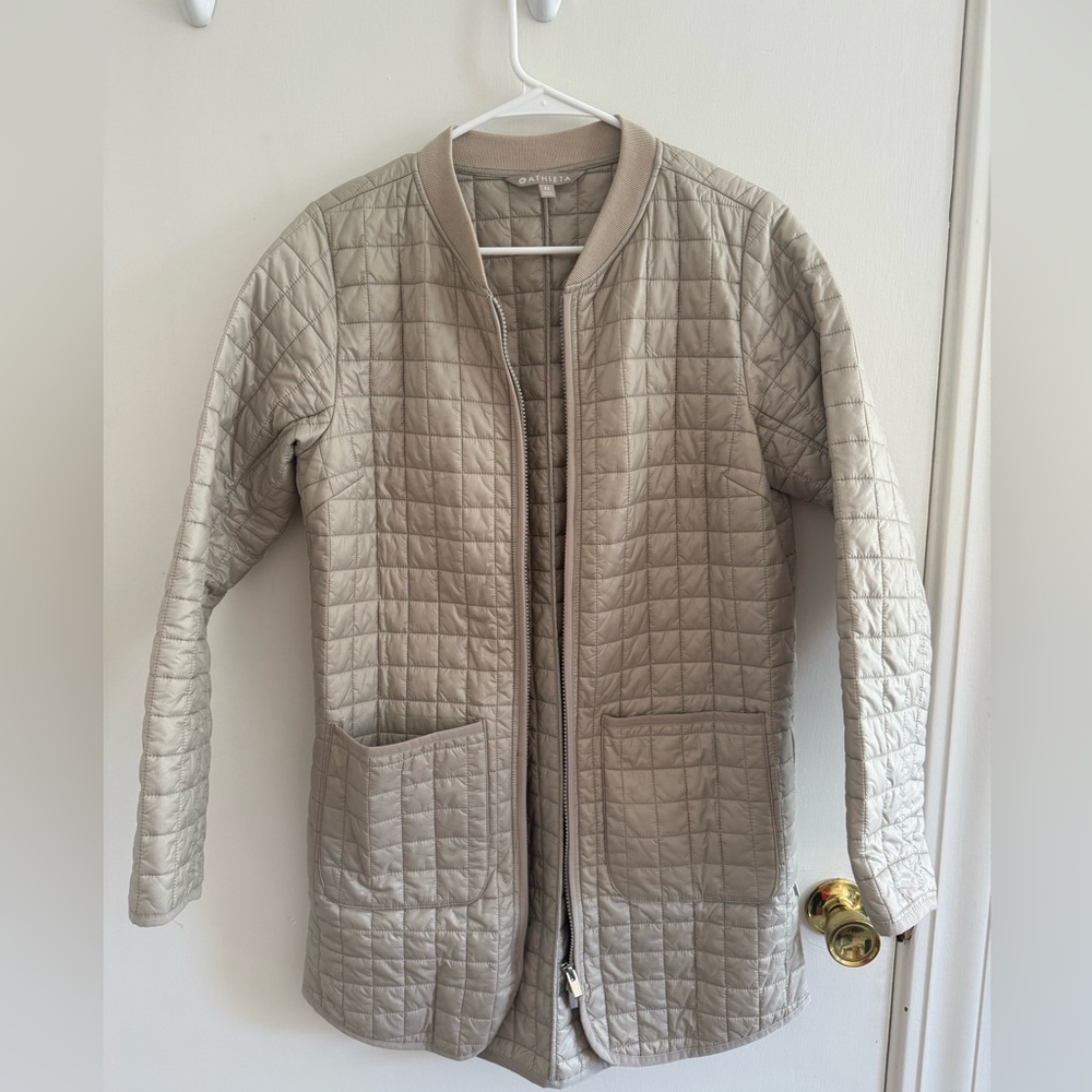 Athleta Quilted Long Bomber Jacket in Light Taupe
